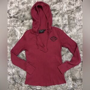 HD: Women's Burgundy Hoodie Top; long-sleeved, waffle/thermal, Size Small